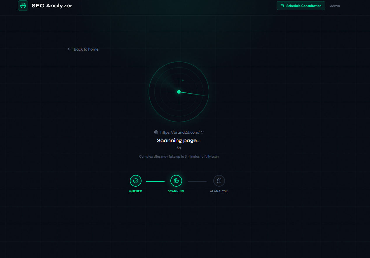 Scanning view with radar animation and stage progress